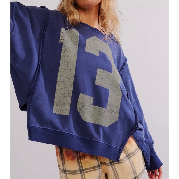 NWT $98 We The Free People Graphic Camden Sweatshirt Size S Navy Combo 13 - Picture 1 of 6
